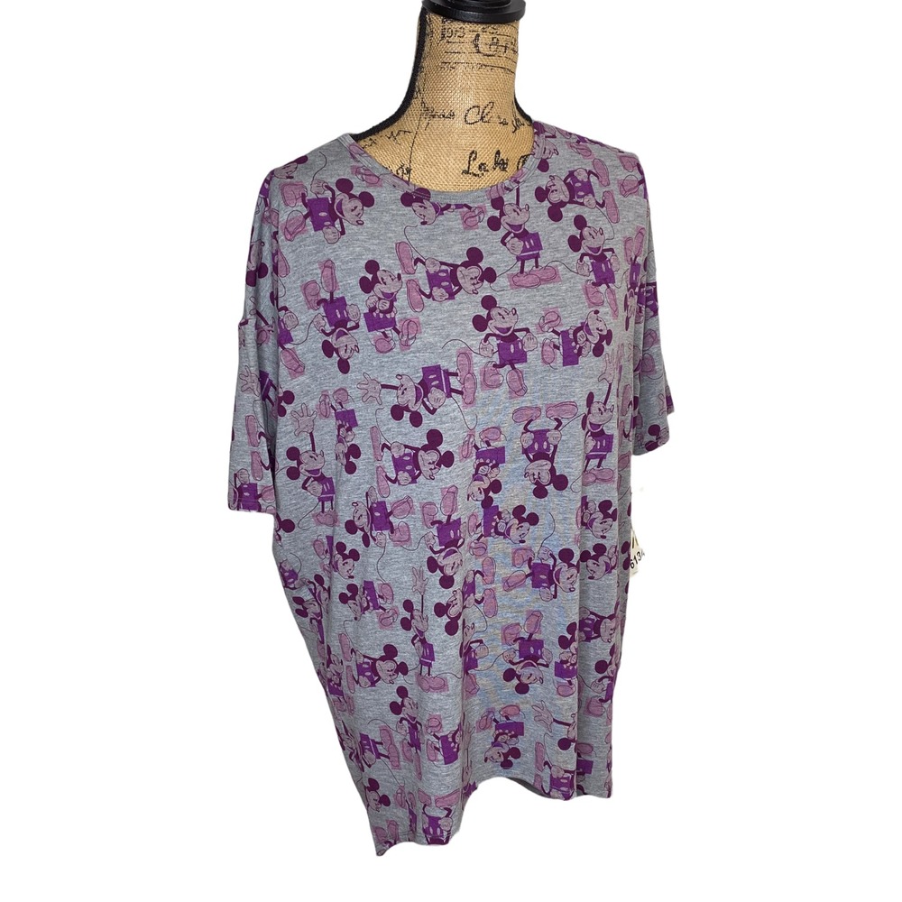 LuLaRoe Irma Disney Mickey Mouse Tunic Top Gray Purple XS New With Tags Baggy